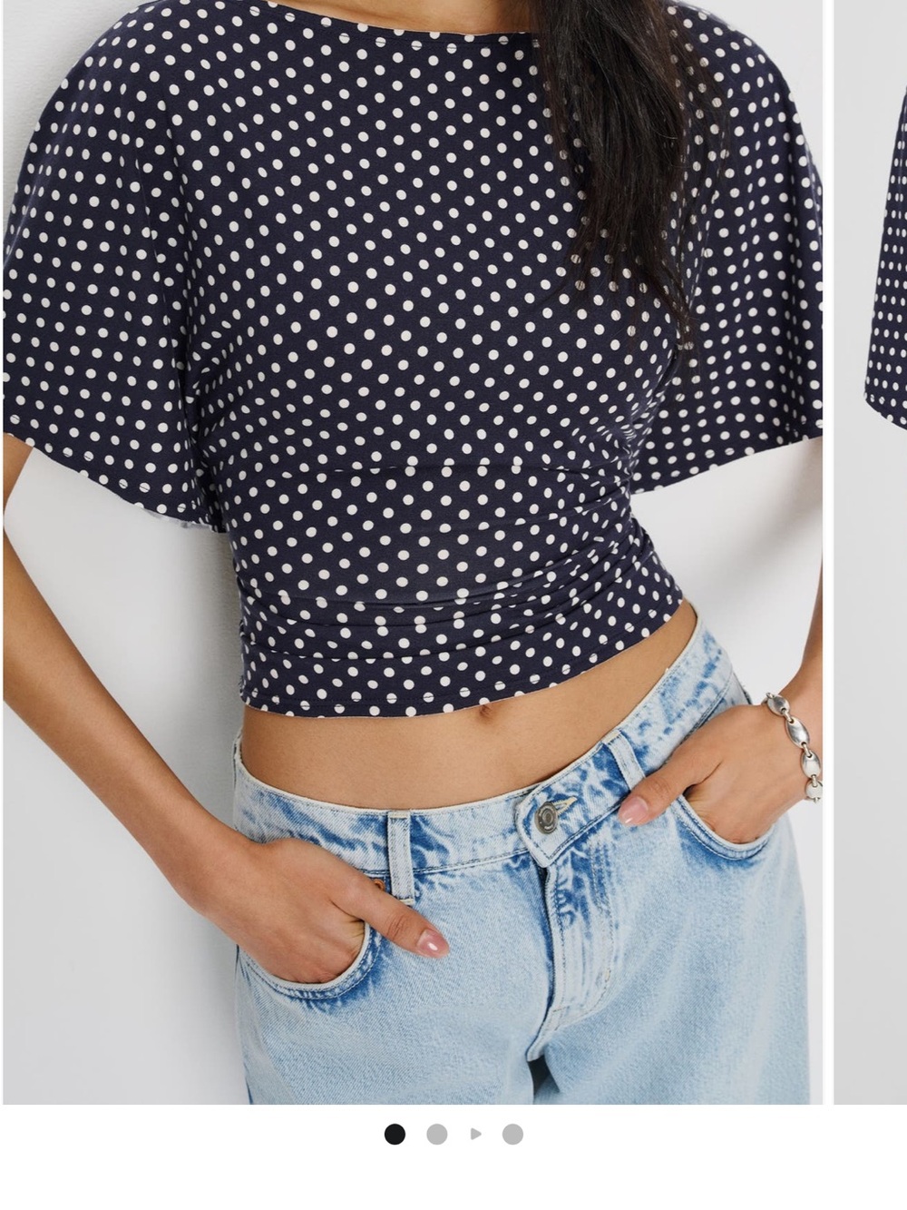 Reformation Navy and White Polka Dot Tie-Back Crop Top